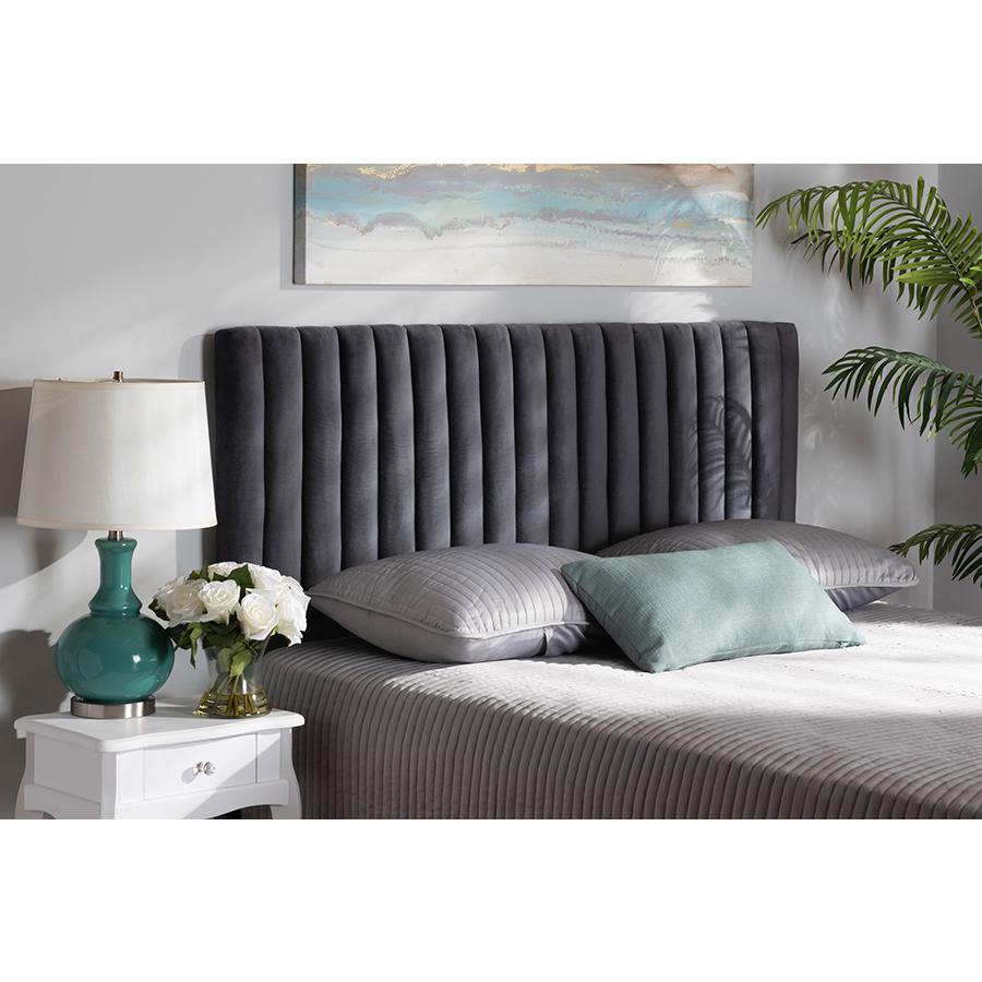 Grey Velvet Fabric Upholstered and Dark Brown Finished Wood Full Size Headboard. Picture 4