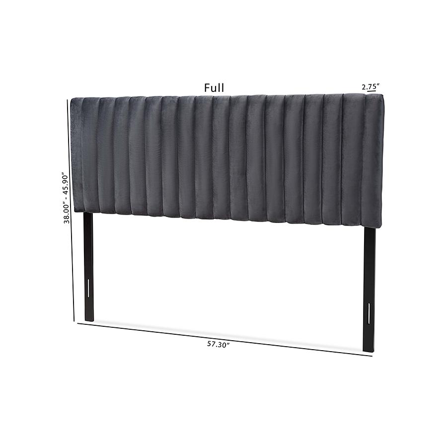 Grey Velvet Fabric Upholstered and Dark Brown Finished Wood Full Size Headboard. Picture 6