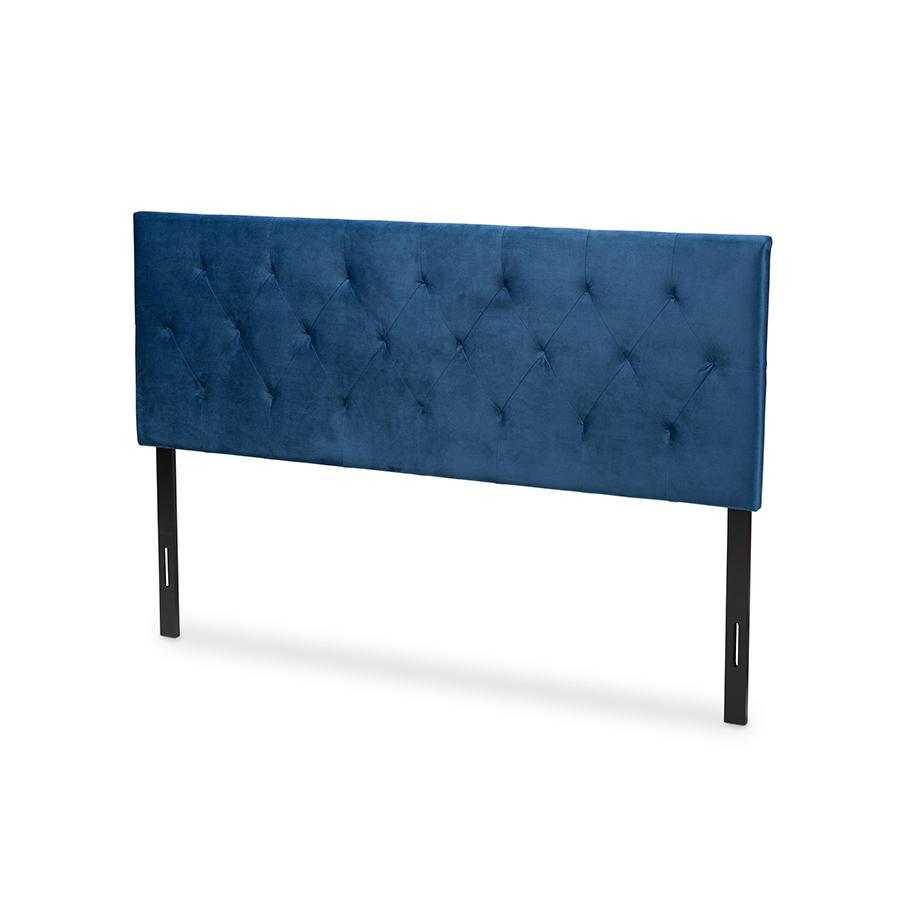 Navy Blue Velvet Fabric Upholstered Full Size Headboard. Picture 1