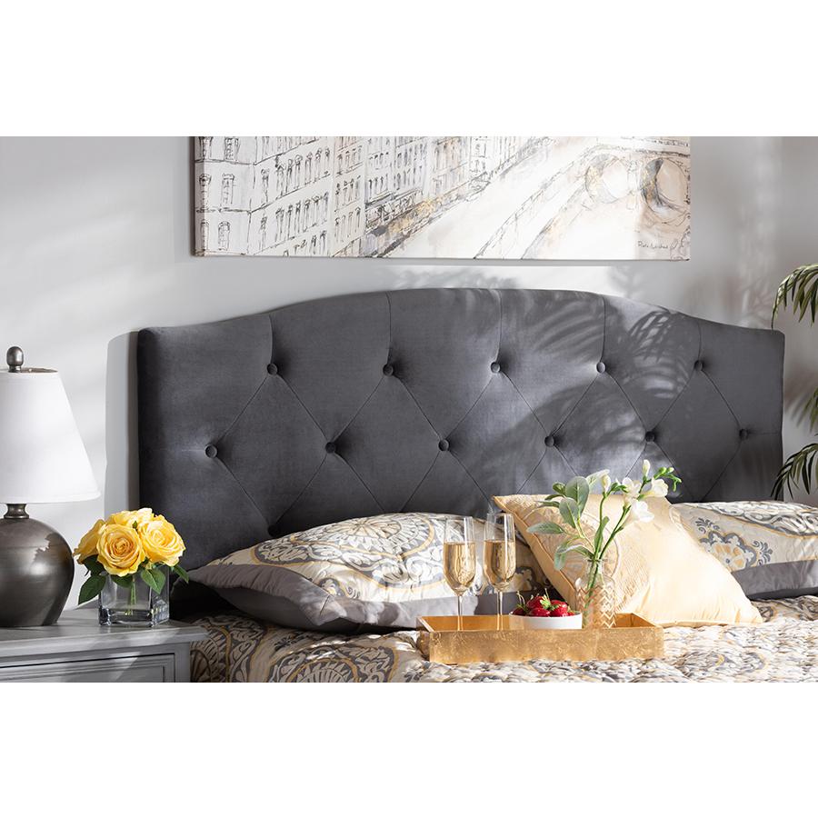 Leone Modern and Contemporary Grey Velvet Fabric Upholstered Full Size Headboard. Picture 4