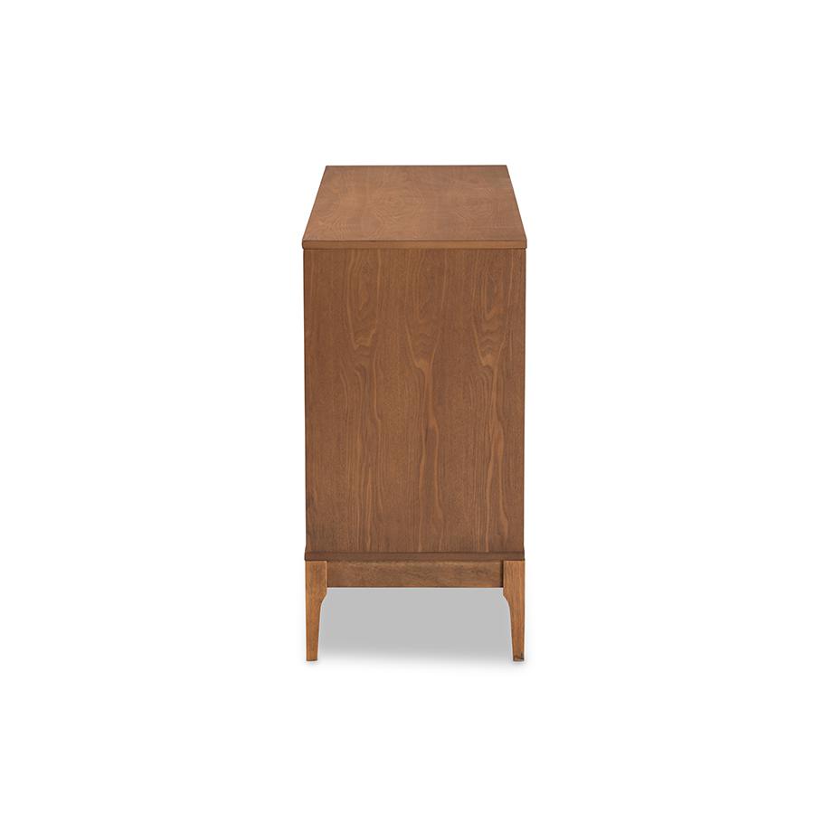 Ramiel Mid-Century Modern Ash Walnut Finished Wood and Rattan 6-Drawer Dresser. Picture 4