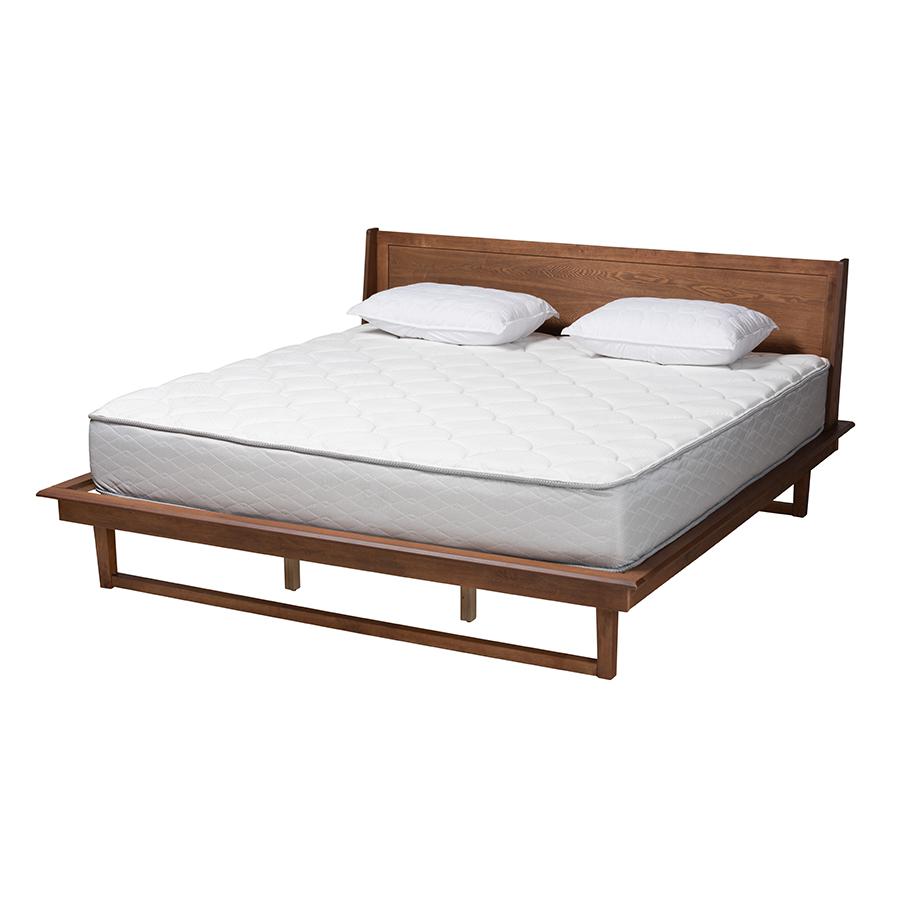 Macayle Mid-Century Modern Ash Walnut Finished Wood Queen Size Platform Bed. Picture 1
