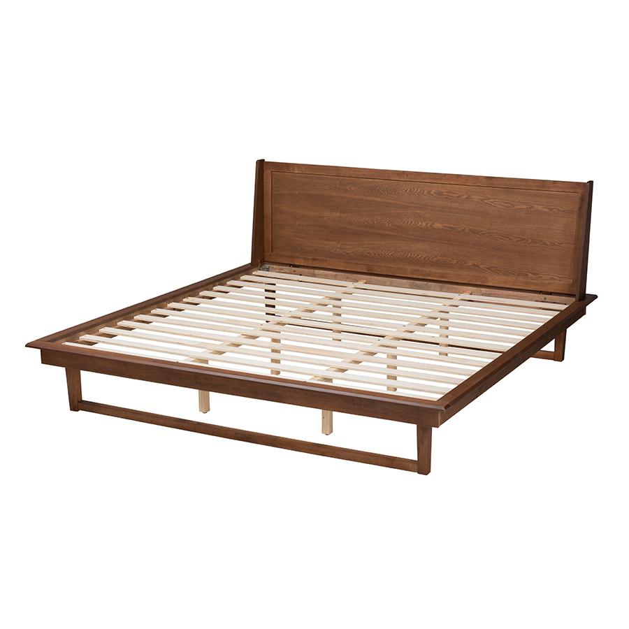 Macayle Mid-Century Modern Ash Walnut Finished Wood Queen Size Platform Bed. Picture 3