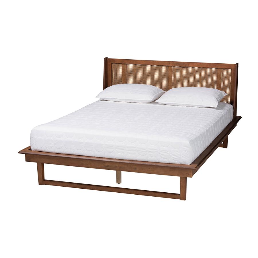 Aveena Mid-Century Modern Walnut Brown Finished Wood Queen Size Platform Bed. Picture 1