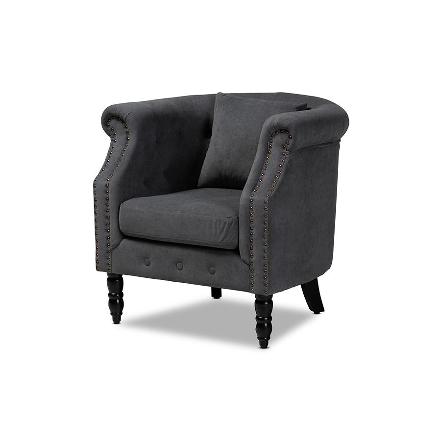 Baxton Studio Renessa Classic and Traditional Grey Velvet Fabric Upholstered and Dark Brown Finished Wood Armchair. Picture 3