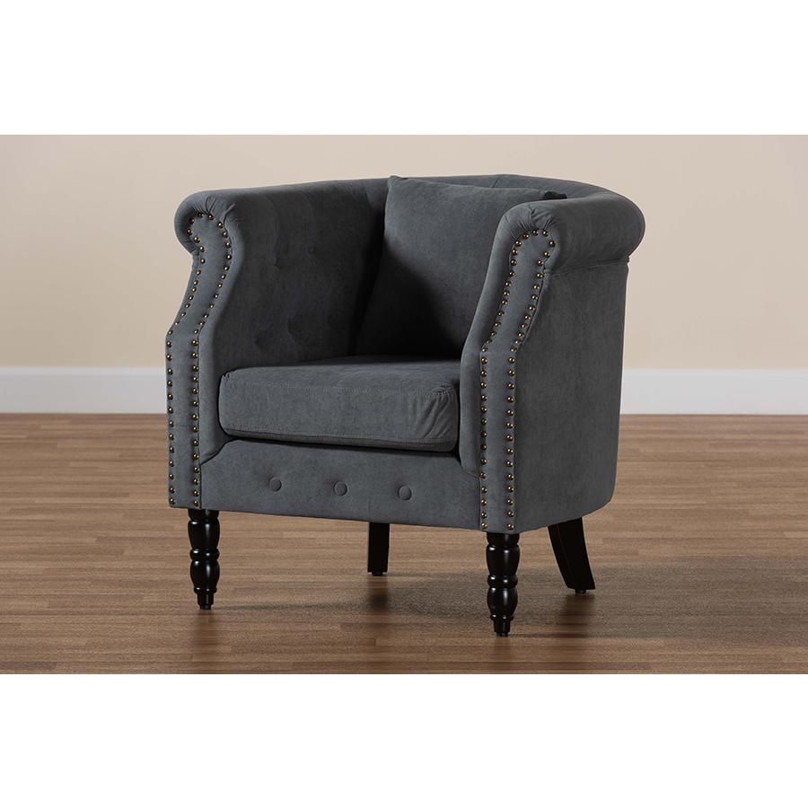 Baxton Studio Renessa Classic and Traditional Grey Velvet Fabric Upholstered and Dark Brown Finished Wood Armchair. Picture 12