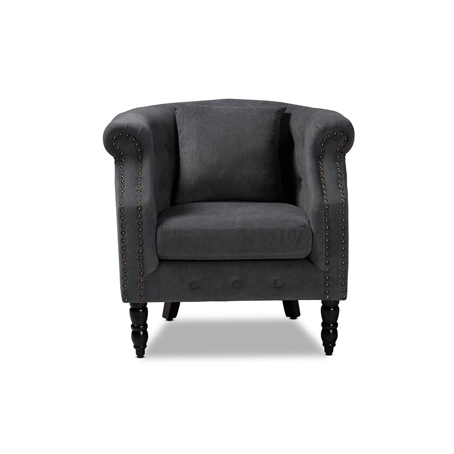 Baxton Studio Renessa Classic and Traditional Grey Velvet Fabric Upholstered and Dark Brown Finished Wood Armchair. Picture 4