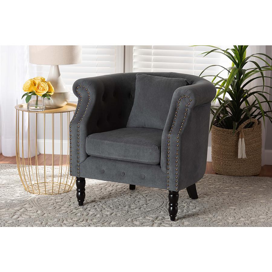 Baxton Studio Renessa Classic and Traditional Grey Velvet Fabric Upholstered and Dark Brown Finished Wood Armchair. Picture 2