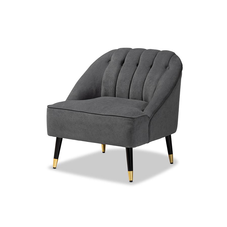 Baxton Studio Ellard Modern and Contemporary Grey Velvet Fabric Upholstered and Two-Tone Dark Brown and Gold Finished Wood Accent Chair. Picture 1