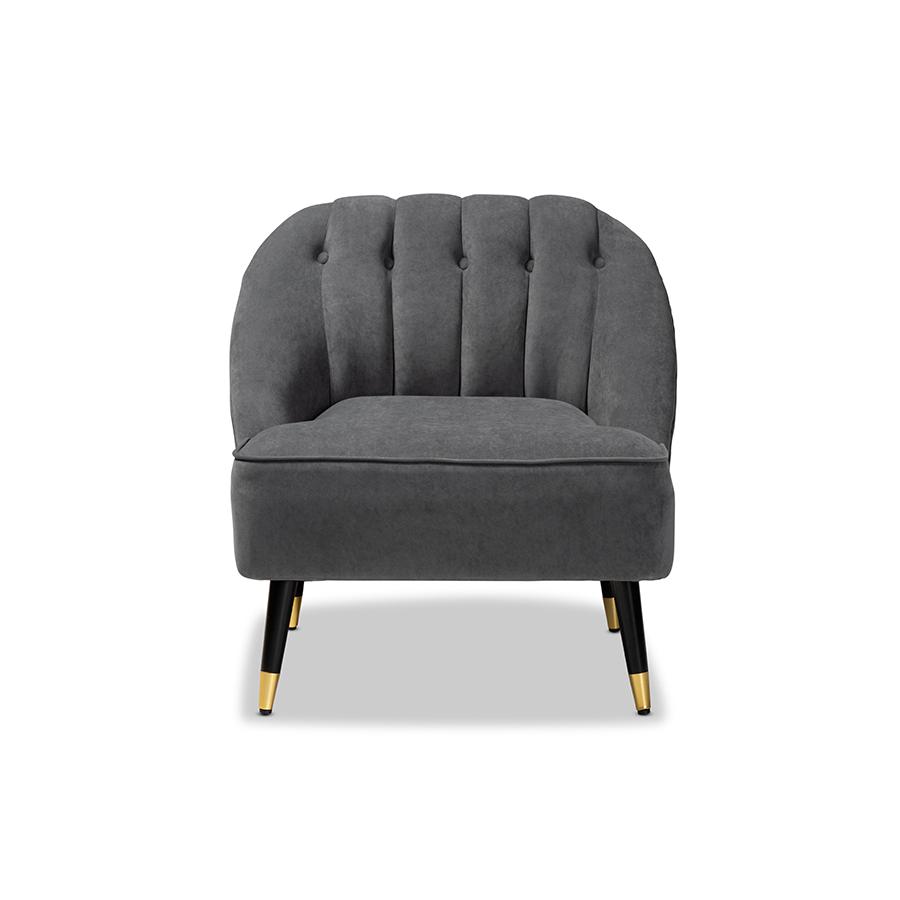 Baxton Studio Ellard Modern and Contemporary Grey Velvet Fabric Upholstered and Two-Tone Dark Brown and Gold Finished Wood Accent Chair. Picture 2