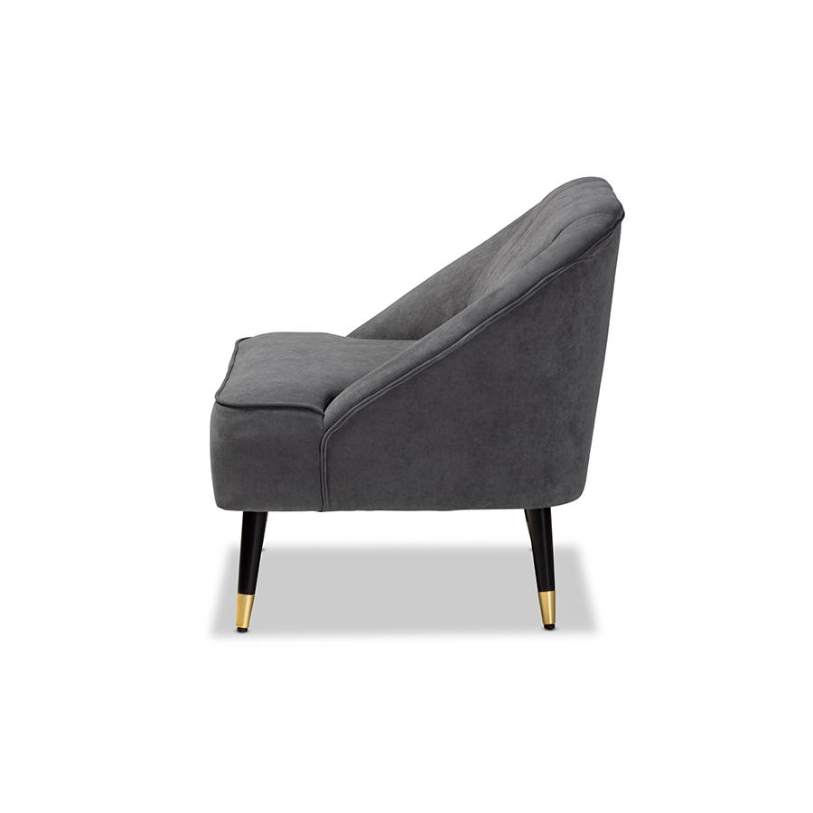Baxton Studio Ellard Modern and Contemporary Grey Velvet Fabric Upholstered and Two-Tone Dark Brown and Gold Finished Wood Accent Chair. Picture 3