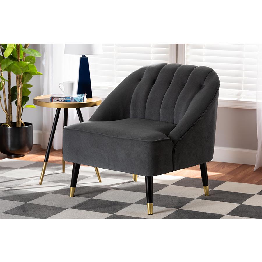 Baxton Studio Ellard Modern and Contemporary Grey Velvet Fabric Upholstered and Two-Tone Dark Brown and Gold Finished Wood Accent Chair. Picture 8