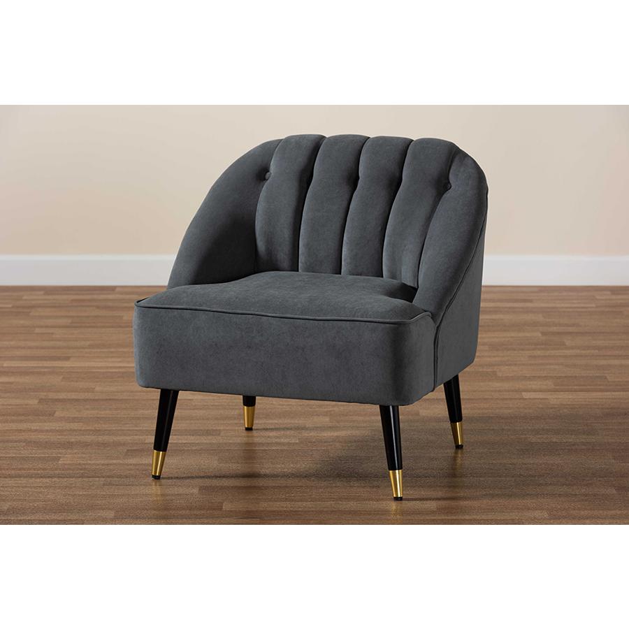 Baxton Studio Ellard Modern and Contemporary Grey Velvet Fabric Upholstered and Two-Tone Dark Brown and Gold Finished Wood Accent Chair. Picture 9