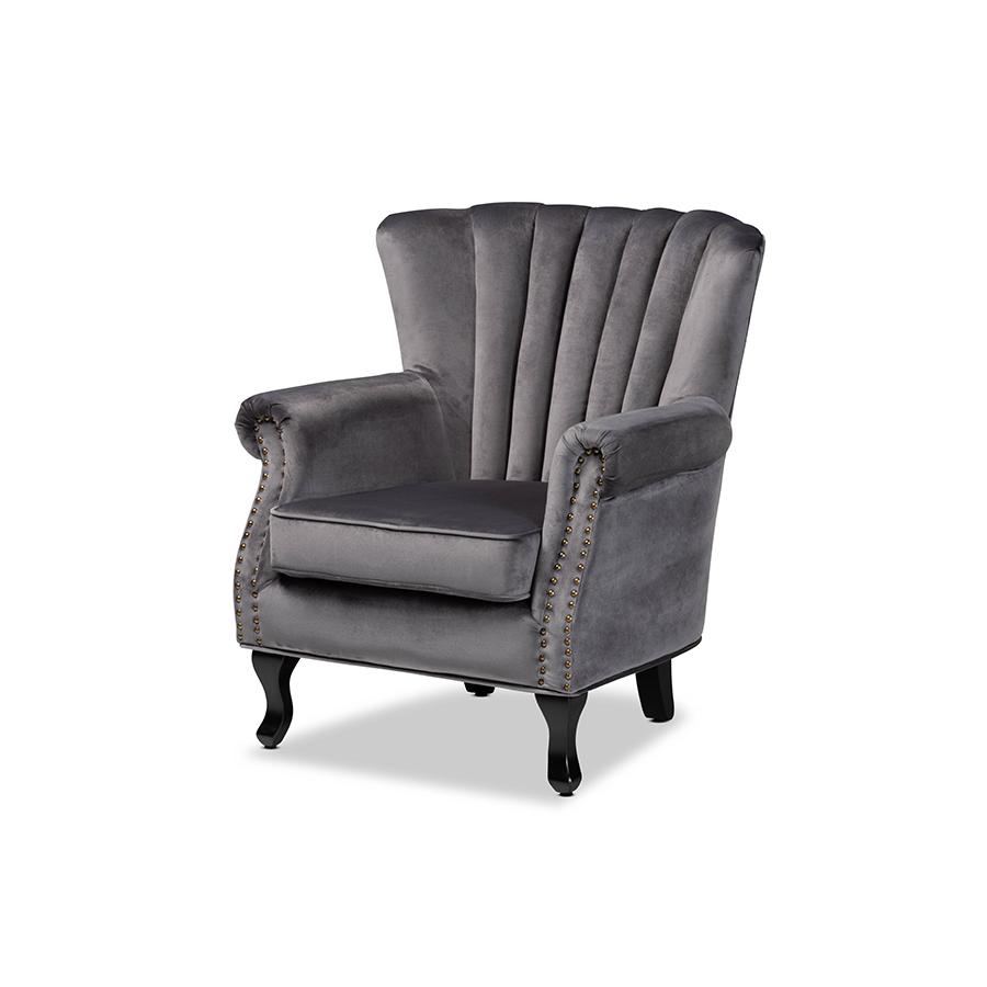 Baxton Studio Relena Classic and Traditional Grey Velvet Fabric Upholstered and Dark Brown Finished Wood Armchair. The main picture.