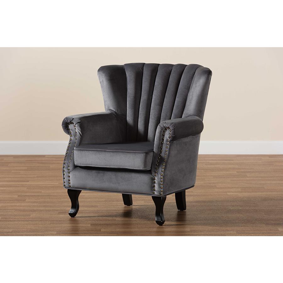 Baxton Studio Relena Classic and Traditional Grey Velvet Fabric Upholstered and Dark Brown Finished Wood Armchair. Picture 11
