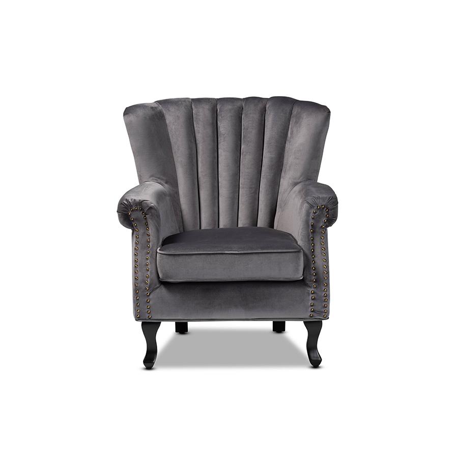 Baxton Studio Relena Classic and Traditional Grey Velvet Fabric Upholstered and Dark Brown Finished Wood Armchair. Picture 3