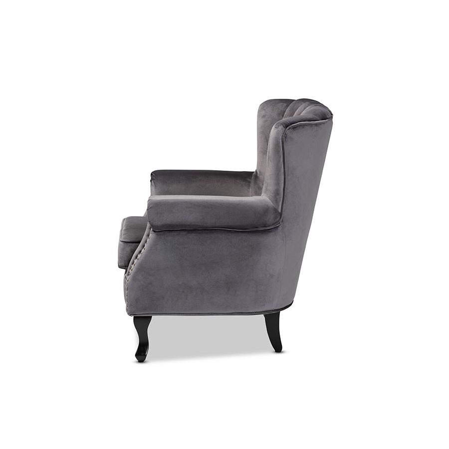 Baxton Studio Relena Classic and Traditional Grey Velvet Fabric Upholstered and Dark Brown Finished Wood Armchair. Picture 4