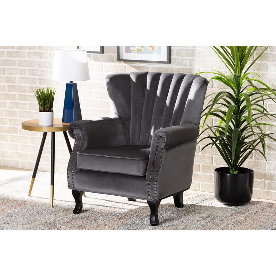 Baxton Studio Relena Classic and Traditional Grey Velvet Fabric Upholstered and Dark Brown Finished Wood Armchair. Picture 2