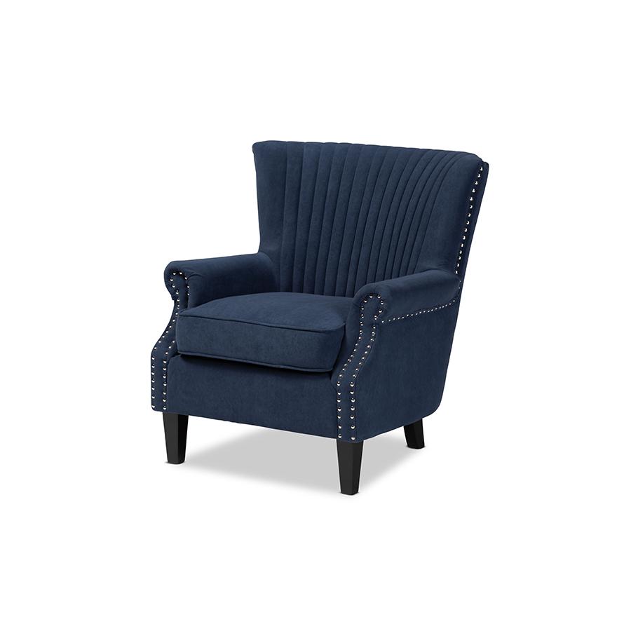 Baxton Studio Wilhelm Classic and Traditional Navy Blue Velvet Fabric Upholstered and Dark Brown Finished Wood Armchair. Picture 1