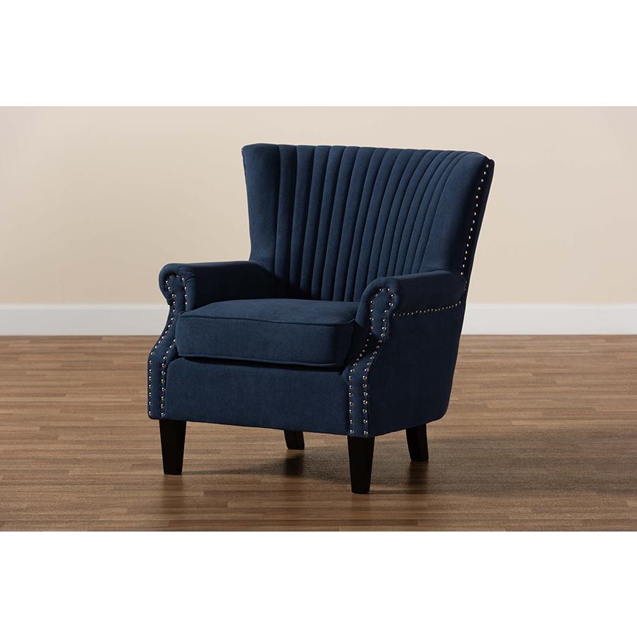Baxton Studio Wilhelm Classic and Traditional Navy Blue Velvet Fabric Upholstered and Dark Brown Finished Wood Armchair. Picture 11
