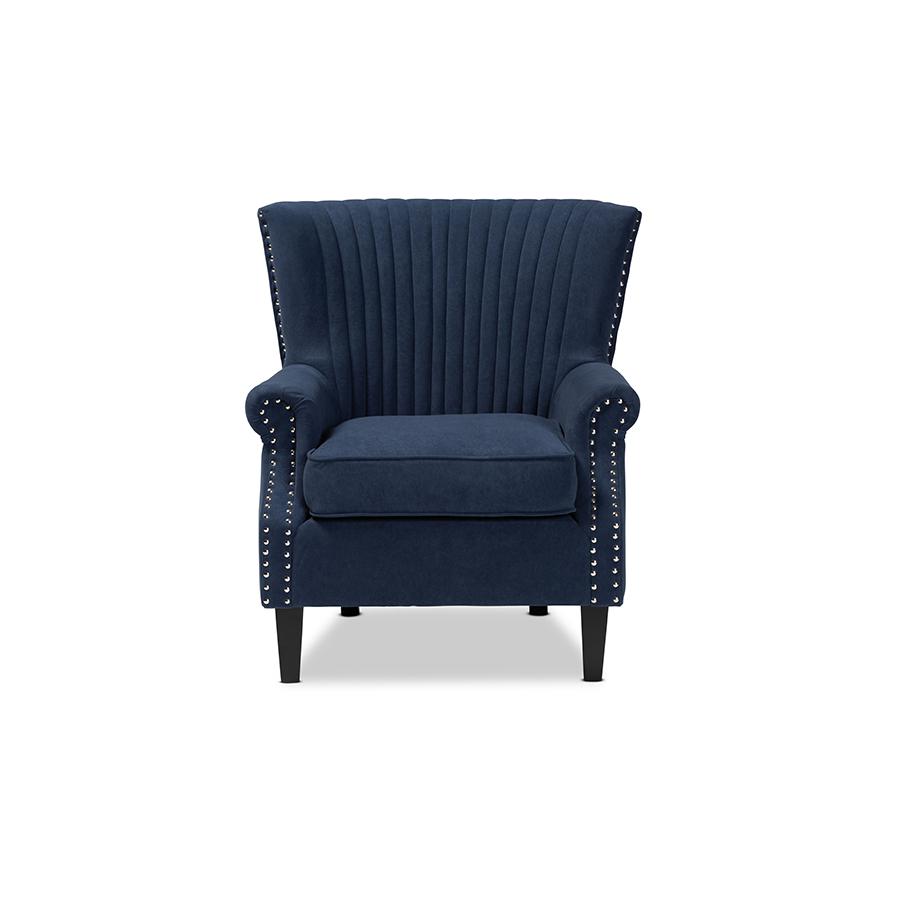 Baxton Studio Wilhelm Classic and Traditional Navy Blue Velvet Fabric Upholstered and Dark Brown Finished Wood Armchair. Picture 3