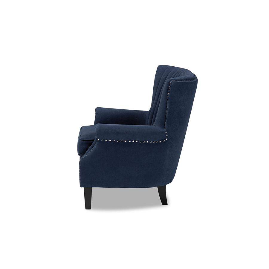 Baxton Studio Wilhelm Classic and Traditional Navy Blue Velvet Fabric Upholstered and Dark Brown Finished Wood Armchair. Picture 4