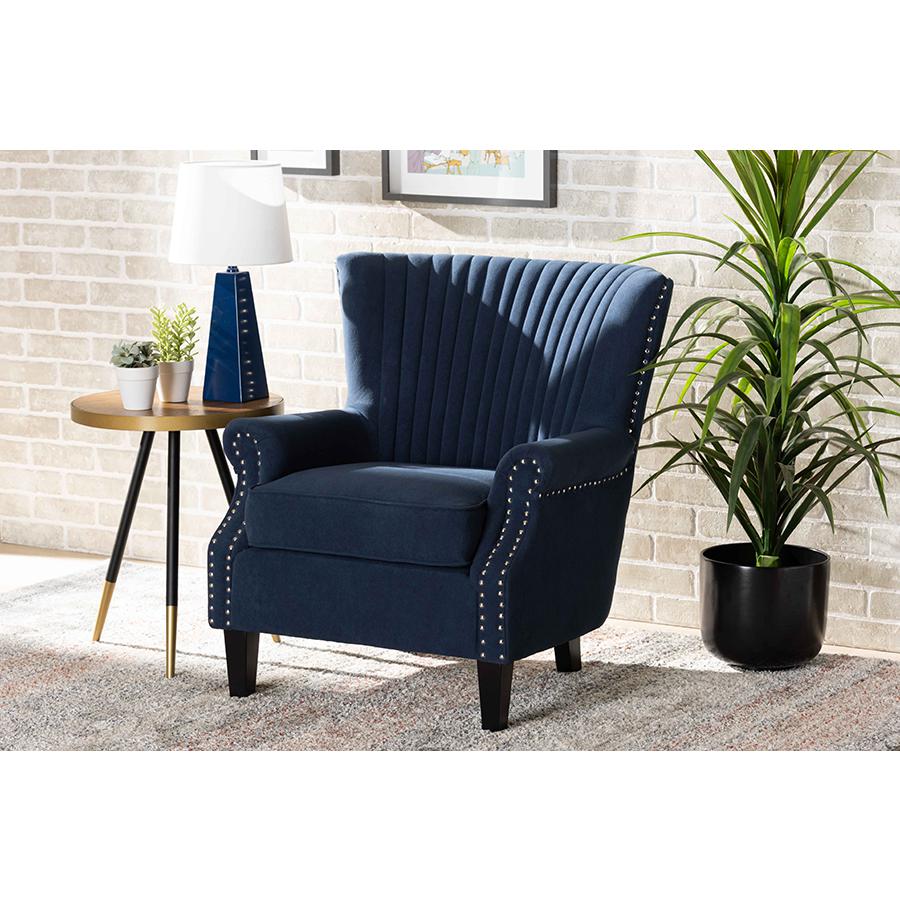 Baxton Studio Wilhelm Classic and Traditional Navy Blue Velvet Fabric Upholstered and Dark Brown Finished Wood Armchair. Picture 2