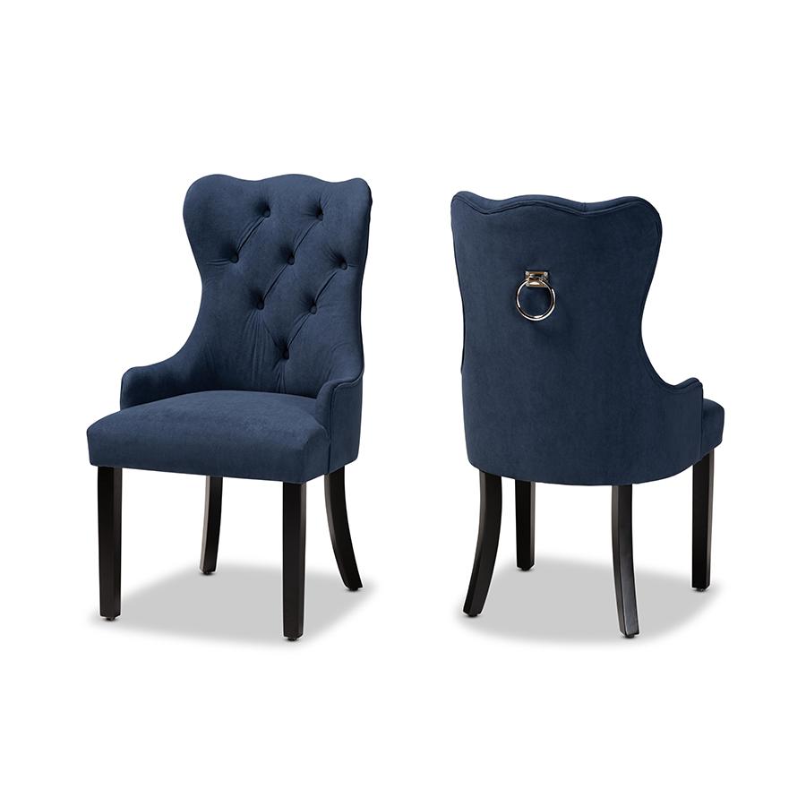Baxton Studio Fabre Modern Transitional Navy Blue Velvet Fabric Upholstered and Dark Brown Finished Wood 2-Piece Dining Chair Set. Picture 1