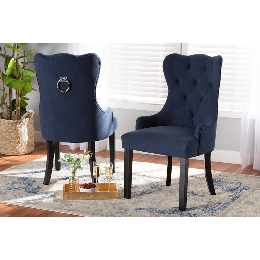 Baxton Studio Fabre Modern Transitional Navy Blue Velvet Fabric Upholstered and Dark Brown Finished Wood 2-Piece Dining Chair Set. Picture 8