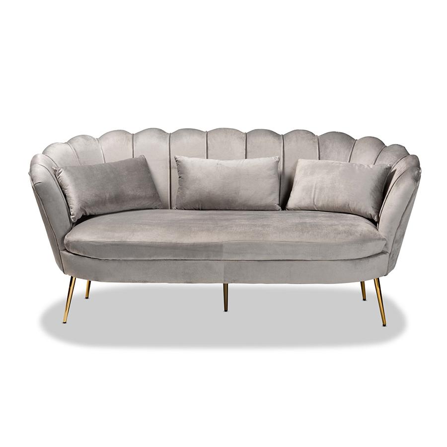 Baxton Studio Genia Contemporary Glam and Luxe Grey Velvet Fabric Upholstered and Gold Metal Sofa. Picture 2