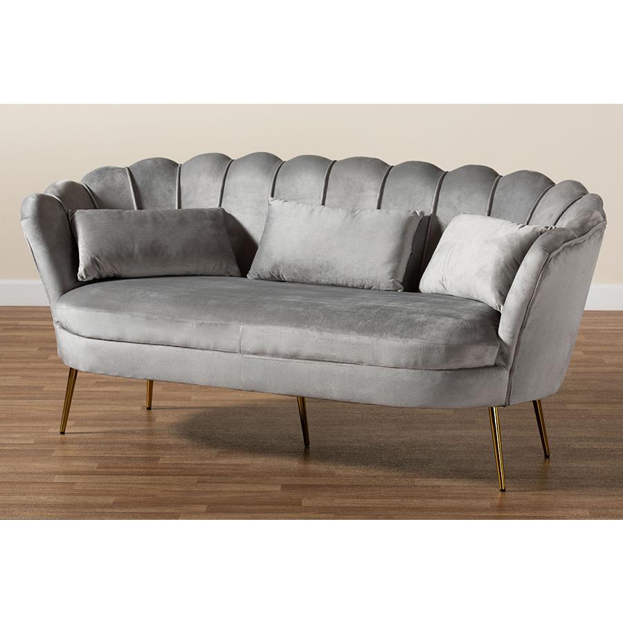 Baxton Studio Genia Contemporary Glam and Luxe Grey Velvet Fabric Upholstered and Gold Metal Sofa. Picture 9