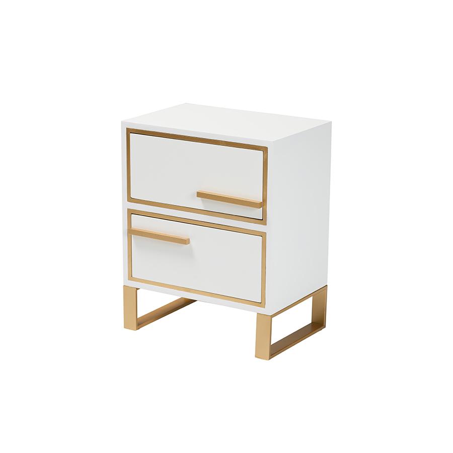 Baxton Studio Giolla Contemporary Glam and Luxe White Finished Wood and Gold Metal 2-Drawer Nightstand. Picture 1