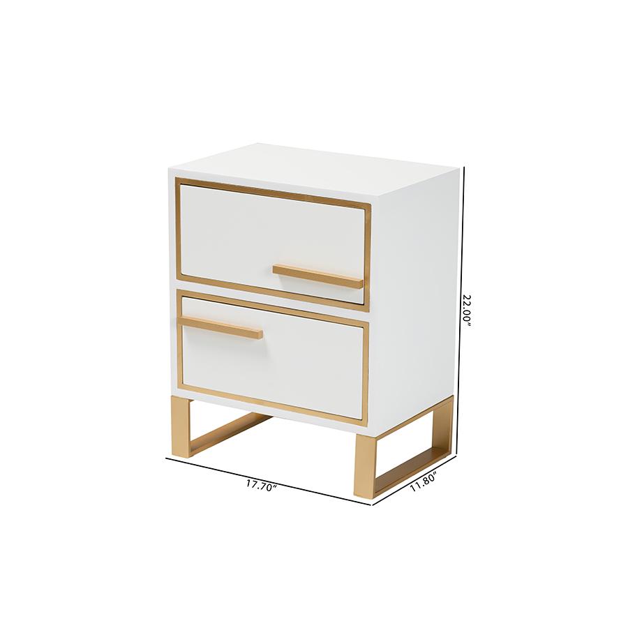 Baxton Studio Giolla Contemporary Glam and Luxe White Finished Wood and Gold Metal 2-Drawer Nightstand. Picture 10