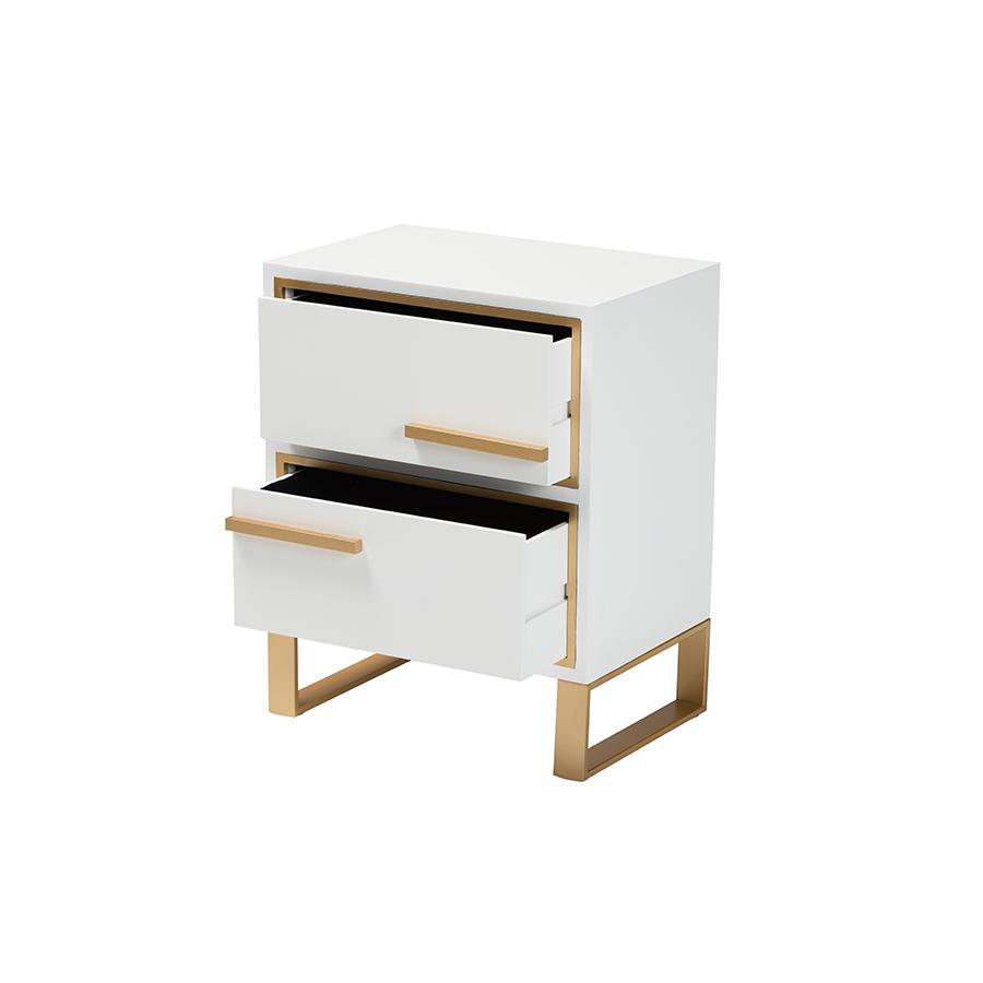 Baxton Studio Giolla Contemporary Glam and Luxe White Finished Wood and Gold Metal 2-Drawer Nightstand. Picture 2