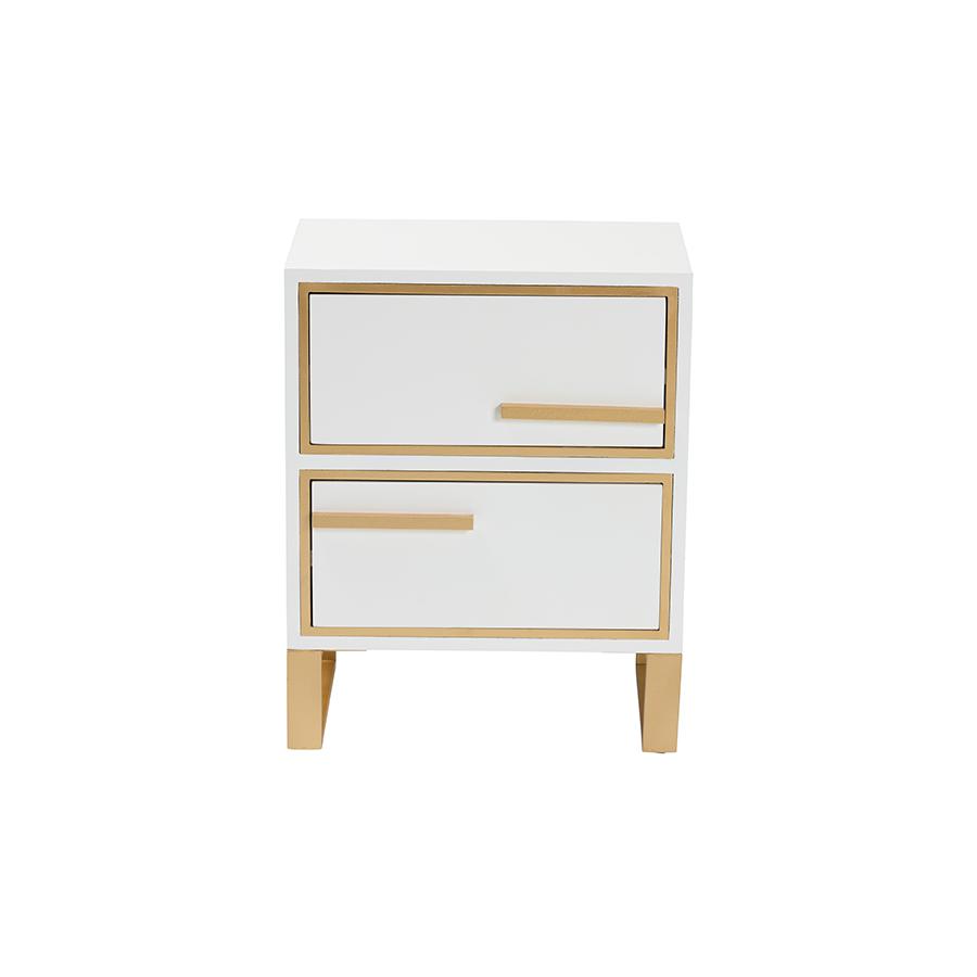 Baxton Studio Giolla Contemporary Glam and Luxe White Finished Wood and Gold Metal 2-Drawer Nightstand. Picture 3