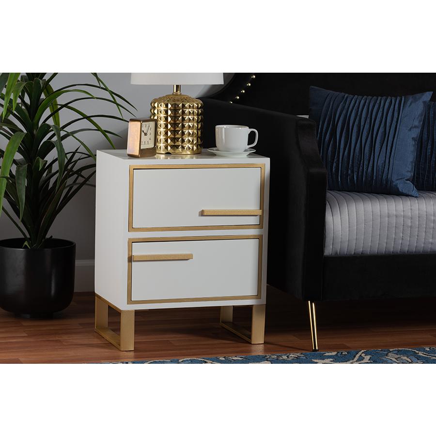 Baxton Studio Giolla Contemporary Glam and Luxe White Finished Wood and Gold Metal 2-Drawer Nightstand. Picture 8