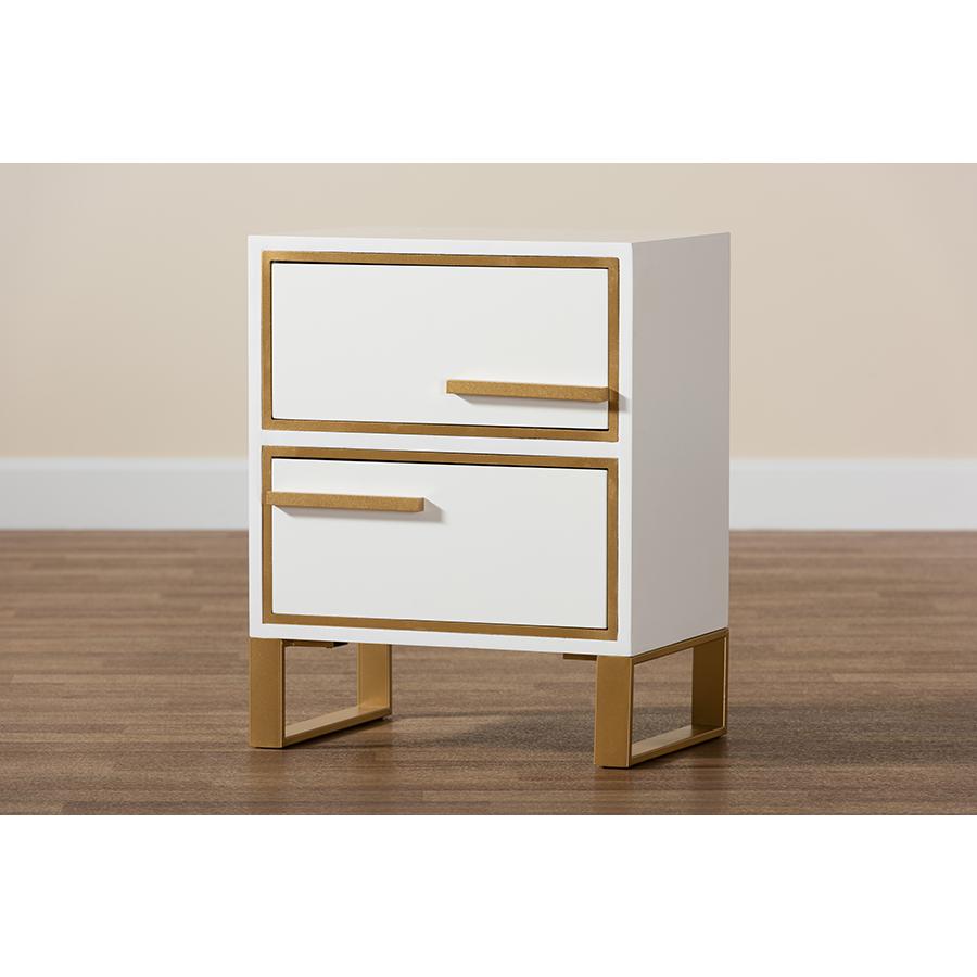 Baxton Studio Giolla Contemporary Glam and Luxe White Finished Wood and Gold Metal 2-Drawer Nightstand. Picture 9