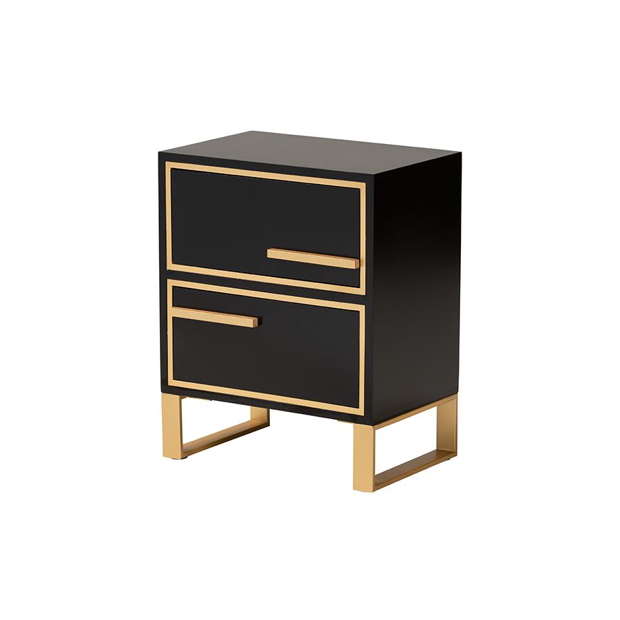 Baxton Studio Giolla Contemporary Glam and Luxe Black Finished Wood and Gold Metal 2-Drawer Nightstand. The main picture.