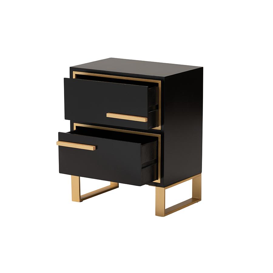 Baxton Studio Giolla Contemporary Glam and Luxe Black Finished Wood and Gold Metal 2-Drawer Nightstand. Picture 2
