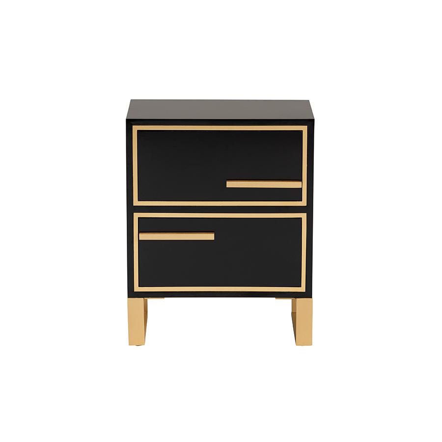 Baxton Studio Giolla Contemporary Glam and Luxe Black Finished Wood and Gold Metal 2-Drawer Nightstand. Picture 3