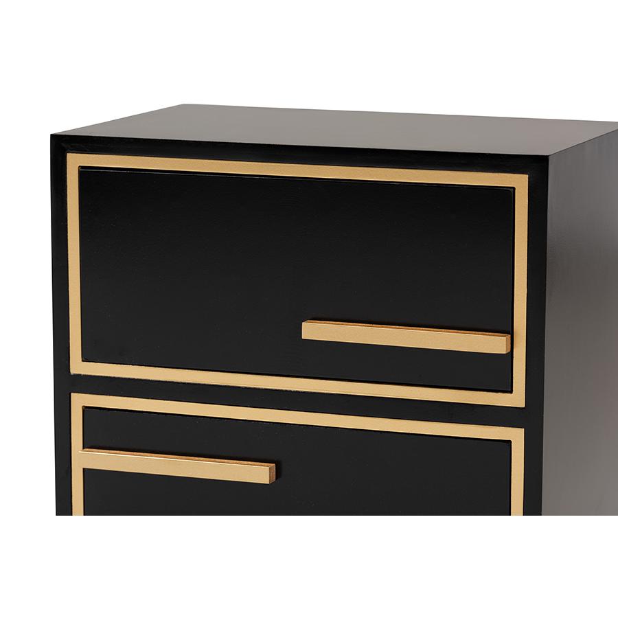 Baxton Studio Giolla Contemporary Glam and Luxe Black Finished Wood and Gold Metal 2-Drawer Nightstand. Picture 5