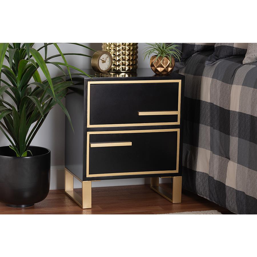 Baxton Studio Giolla Contemporary Glam and Luxe Black Finished Wood and Gold Metal 2-Drawer Nightstand. Picture 8