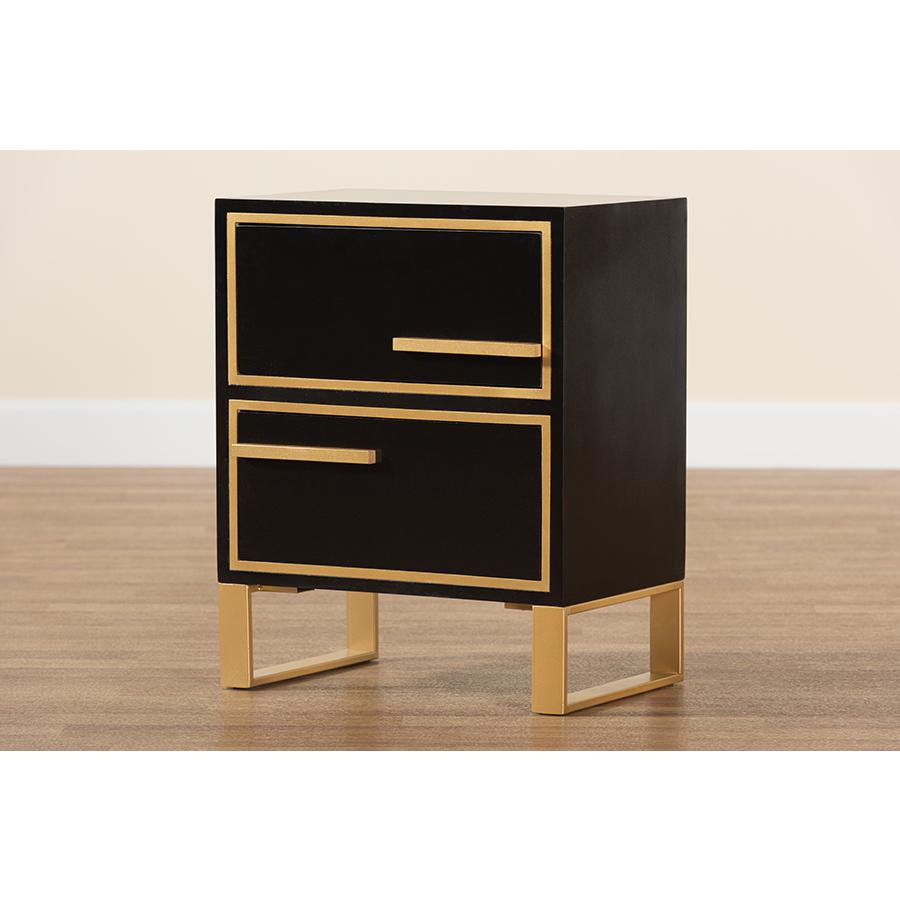 Baxton Studio Giolla Contemporary Glam and Luxe Black Finished Wood and Gold Metal 2-Drawer Nightstand. Picture 9