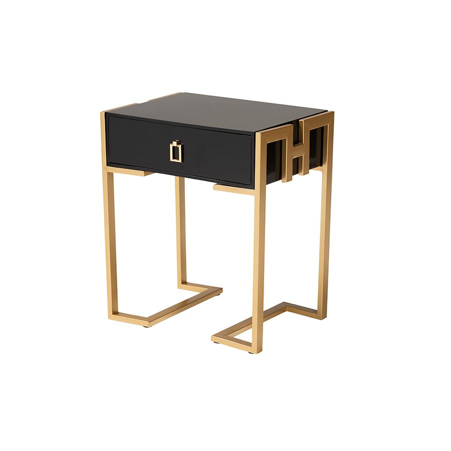 Luna Contemporary Glam and Luxe Black Finished Wood and Gold Metal End Table. Picture 1