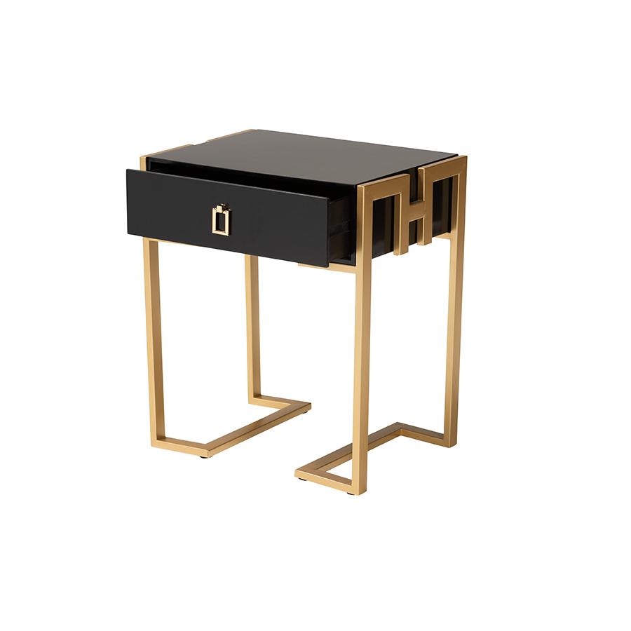 Luna Contemporary Glam and Luxe Black Finished Wood and Gold Metal End Table. Picture 2