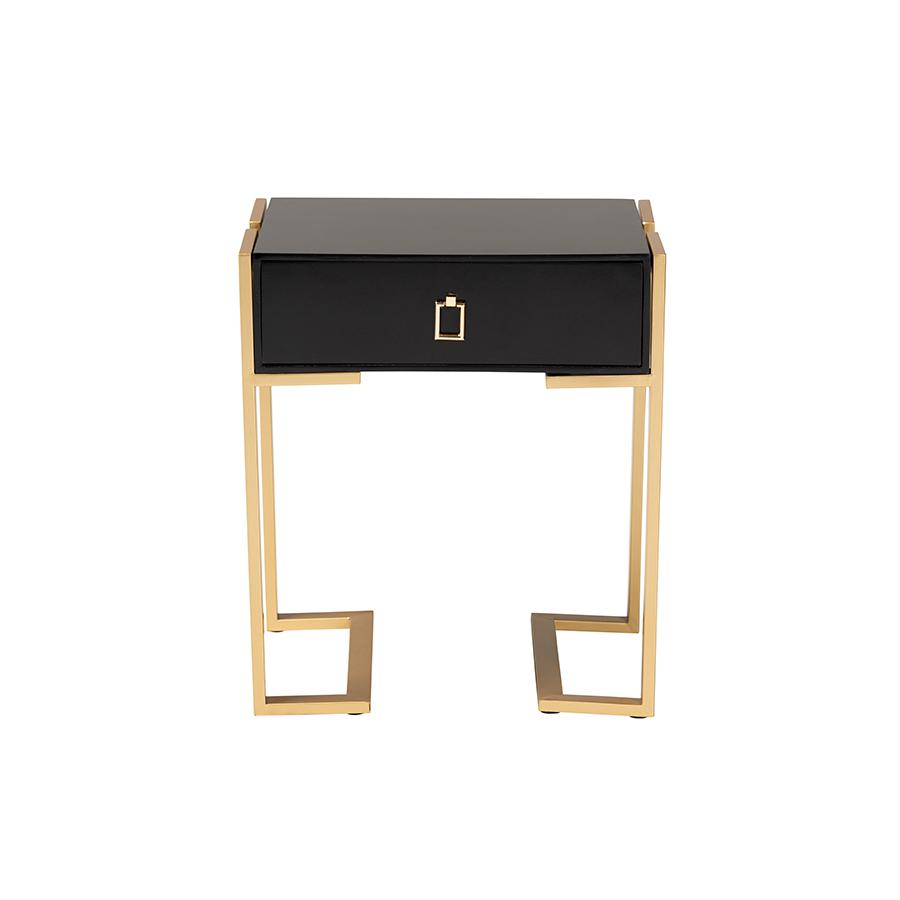 Luna Contemporary Glam and Luxe Black Finished Wood and Gold Metal End Table. Picture 3