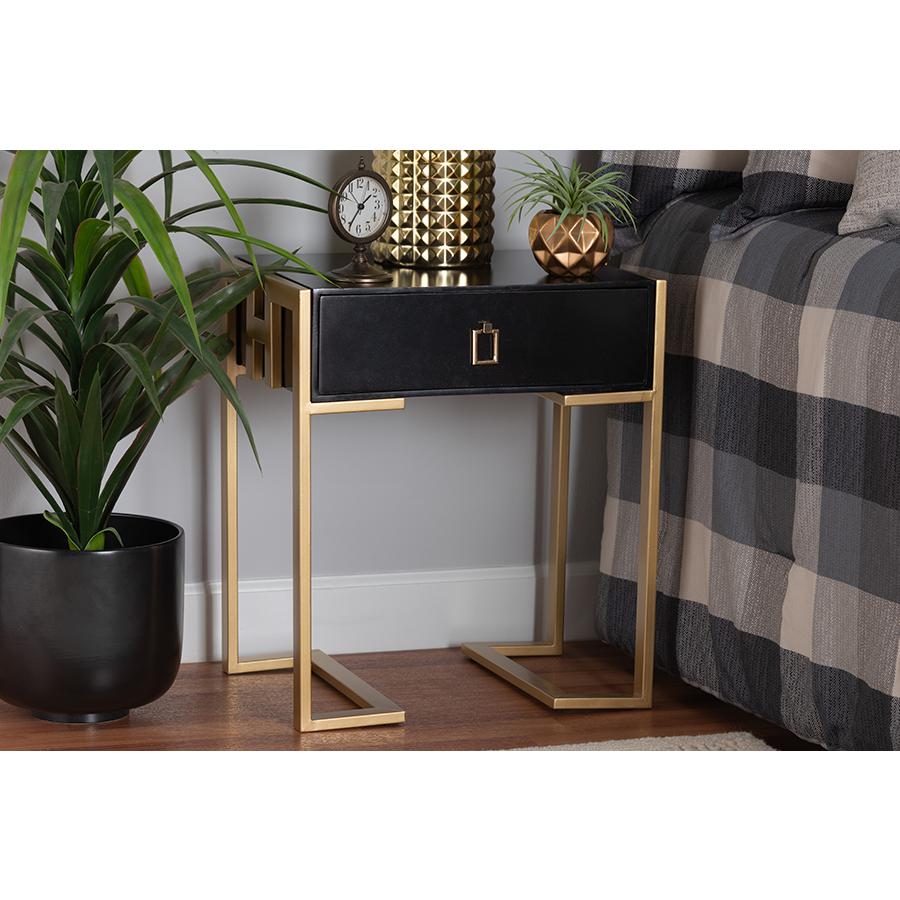 Luna Contemporary Glam and Luxe Black Finished Wood and Gold Metal End Table. Picture 8
