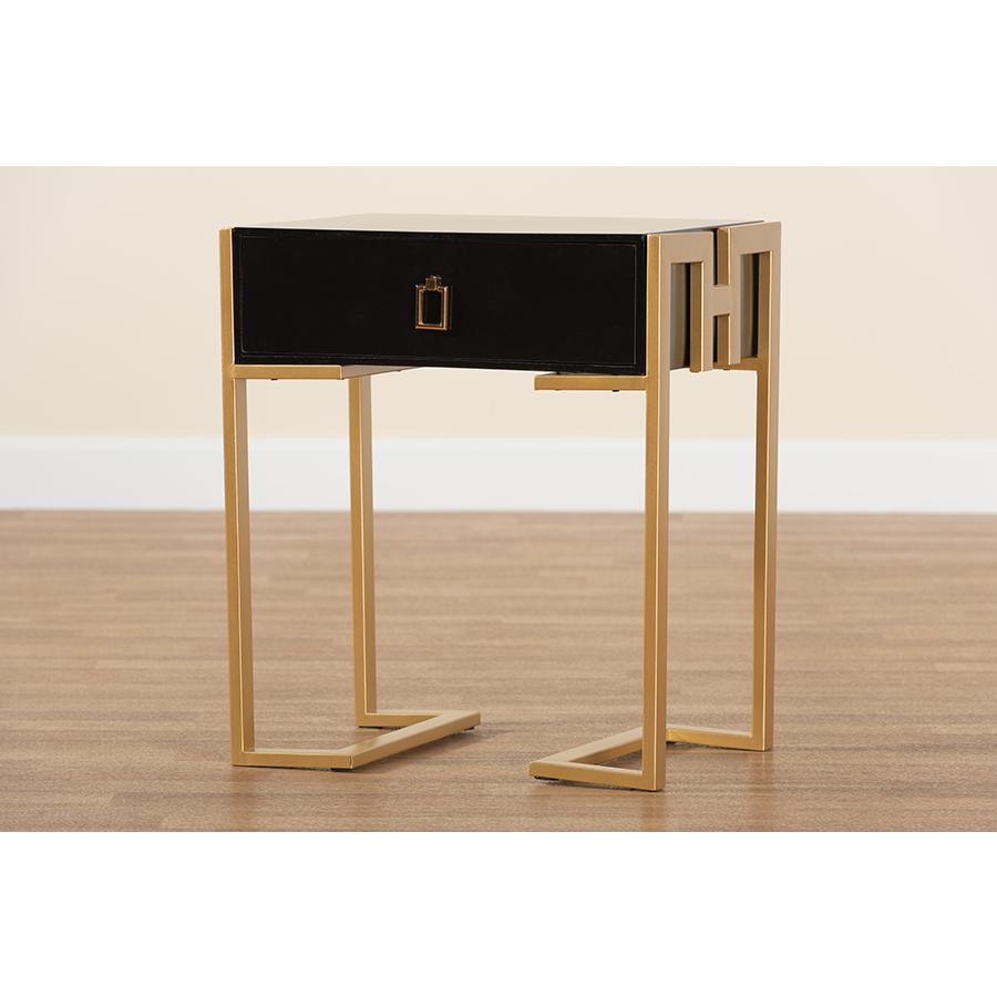 Luna Contemporary Glam and Luxe Black Finished Wood and Gold Metal End Table. Picture 9