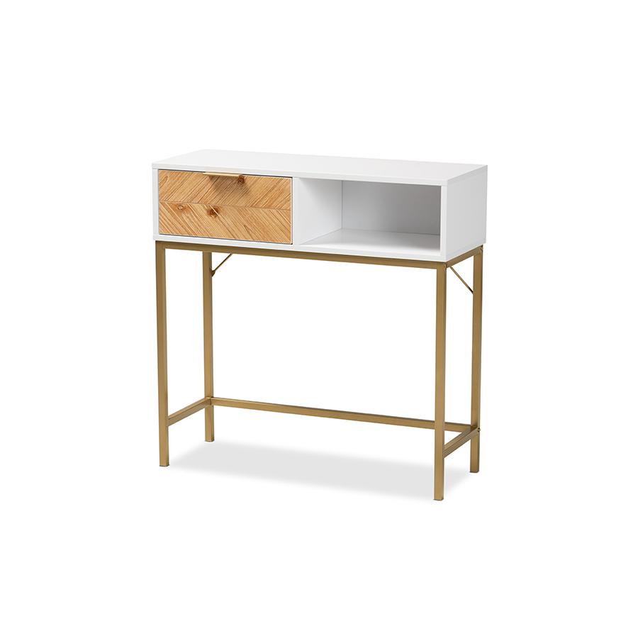Two-Tone Oak Brown and White Finished Wood and Gold Metal 1-Drawer Console Table. Picture 1
