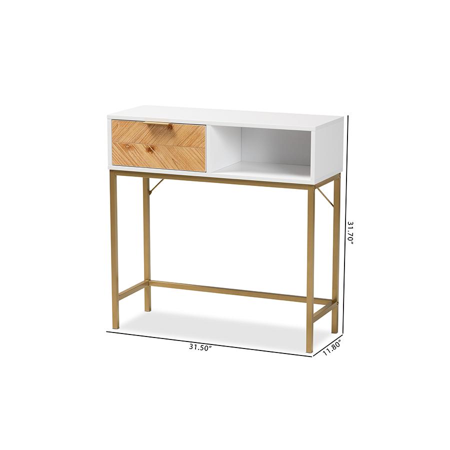 Two-Tone Oak Brown and White Finished Wood and Gold Metal 1-Drawer Console Table. Picture 10